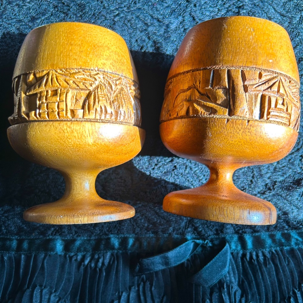 VTG MCM Hand carved Wood Tiki Goblets. No chips or cracks.